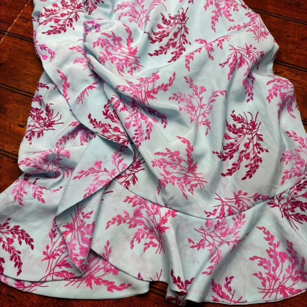 LIKELY Blue Pink Floral One Shoulder‎ Ruffle Midi Dress Size 8 Botanical Y2K - Picture 2 of 5